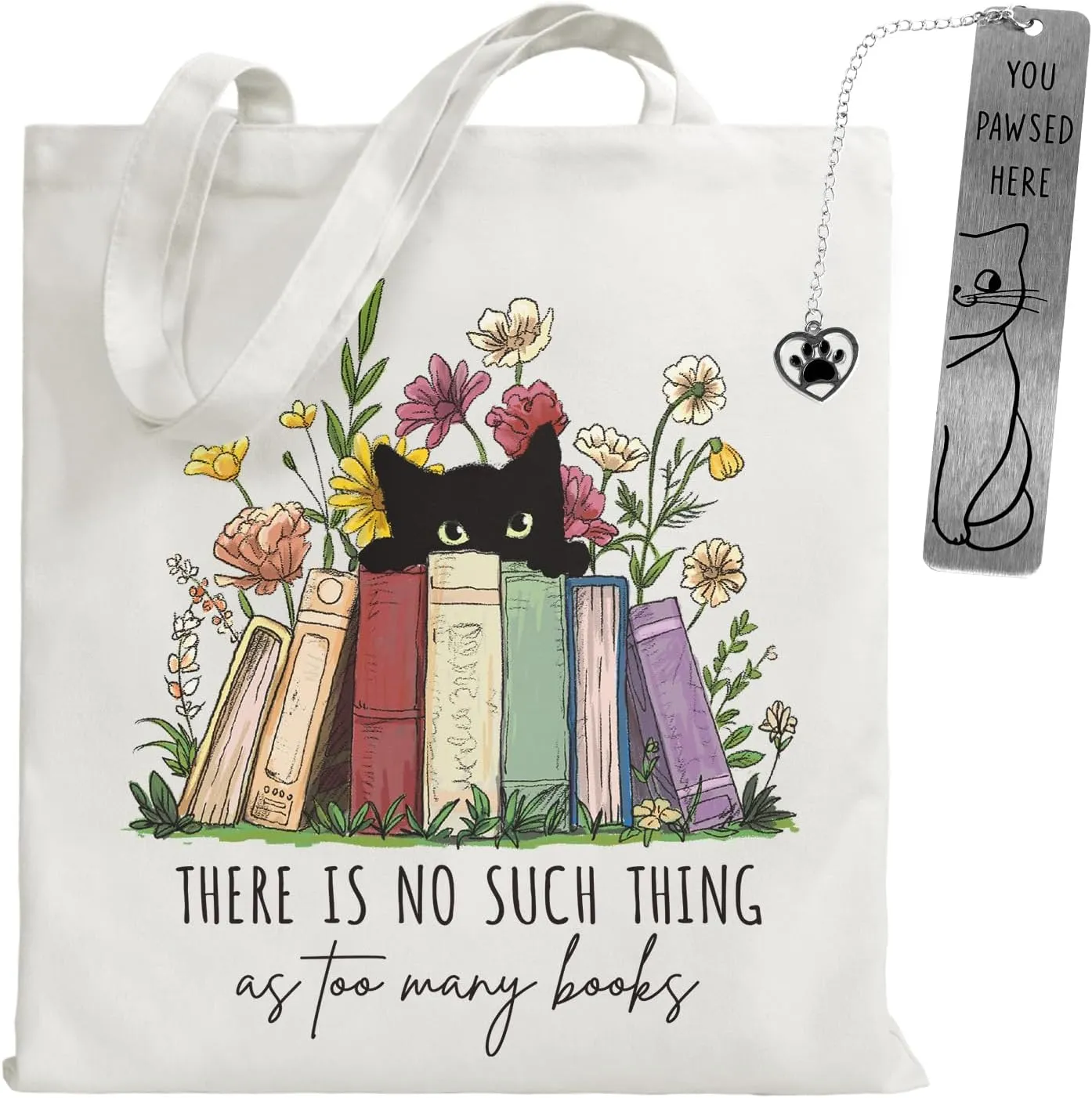 Book Canvas Tote Bag with Cat Bookmark for Women Cat Lover, Reading Themed Cotton Tote Bag for Shopping Grocery, Women Christmas Thanksgiving Birthday Gifts, There Is No Such Thing As Too Many Books