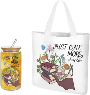 Book Lovers Gifts, Canvas Tote Bag & Glass Cup Set Christmas Birthday Gifts for Book Lovers Women