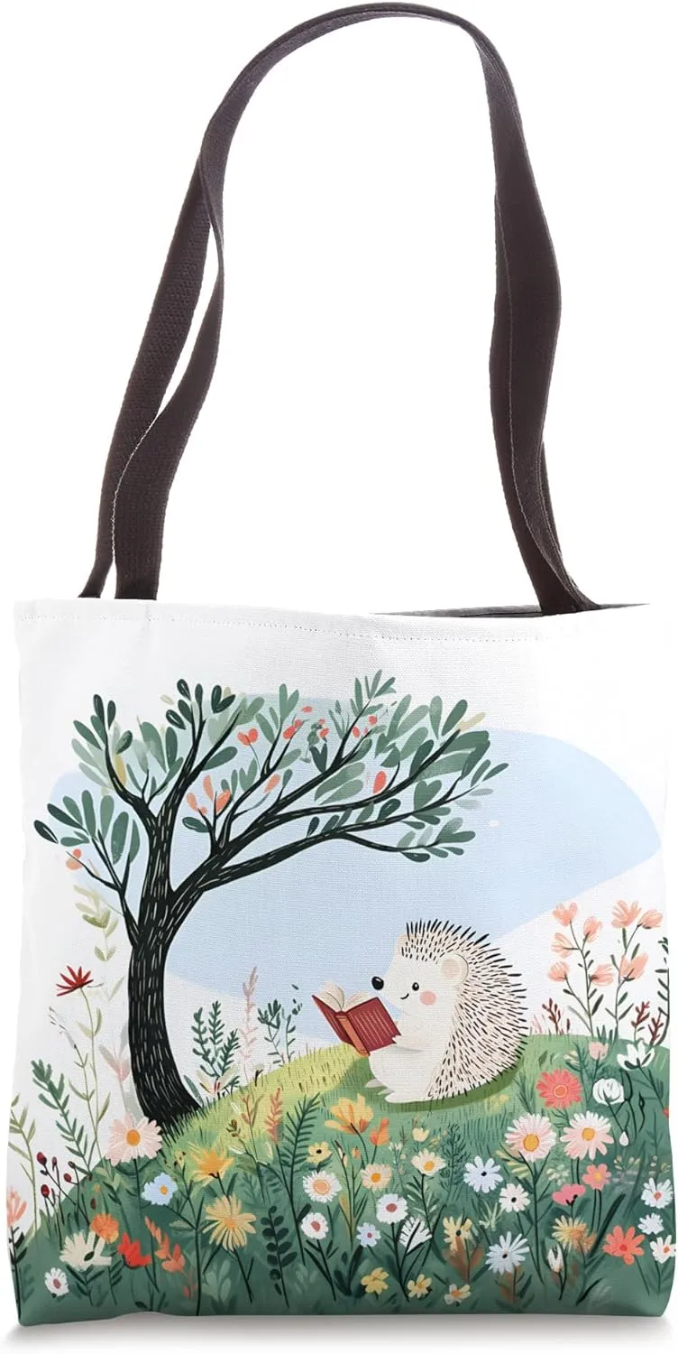 Bookish Woodland Hedgehog Under Tree Surrounded by Flowers Tote Bag
