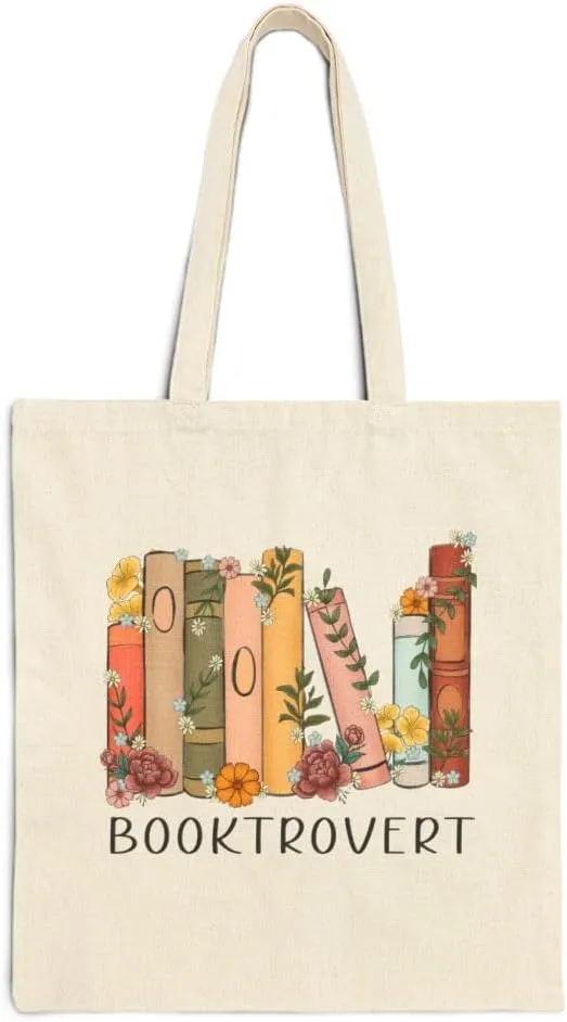 Booktrovert Tote Bag, 100% Cotton Canvas for Shopping, Grocery Carry Bag, Funny Book Lover Reading Hippie Library Book Bag