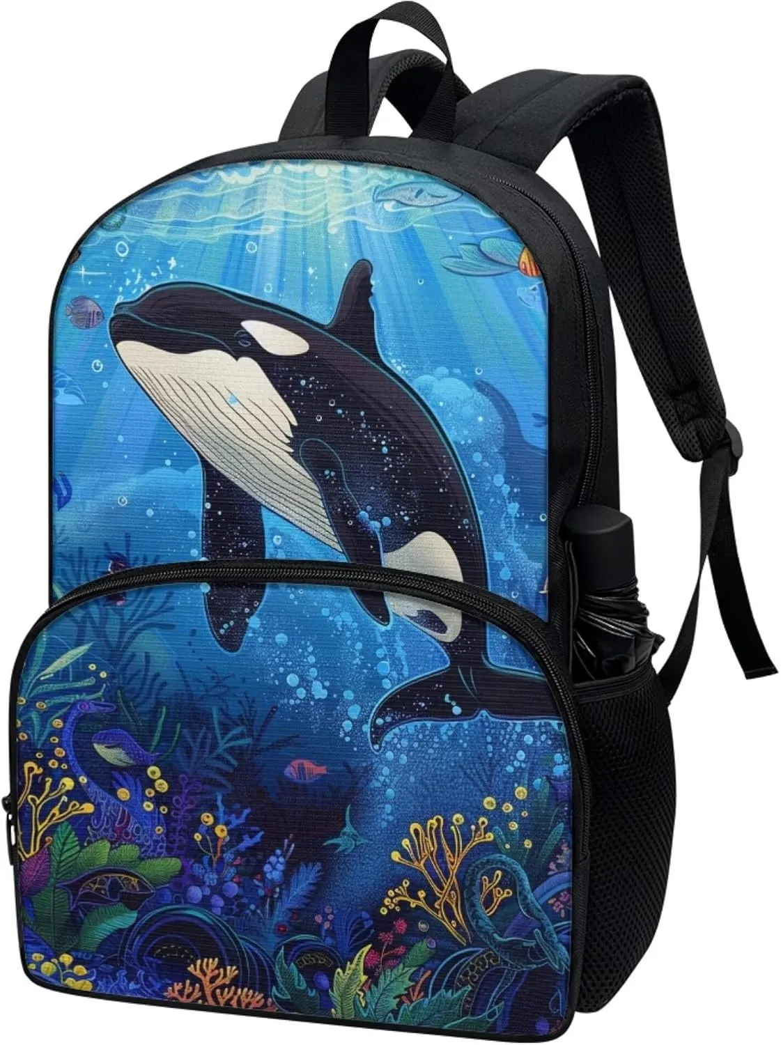 Boys 17 Inch Large School Bag Killer Whale Backpack for Kids Soft Lightweight Student Bookbag with Elastic Side Pocket Comfy Padded Back Zipper Daypack