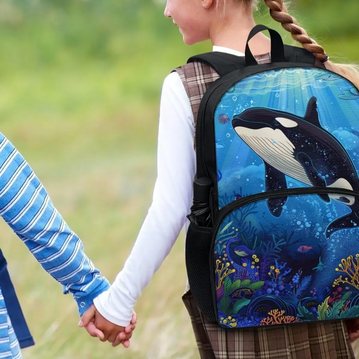 Boys 17 Inch Large School Bag Killer Whale Backpack for Kids Soft Lightweight Student Bookbag with Elastic Side Pocket Comfy Padded Back Zipper Daypack