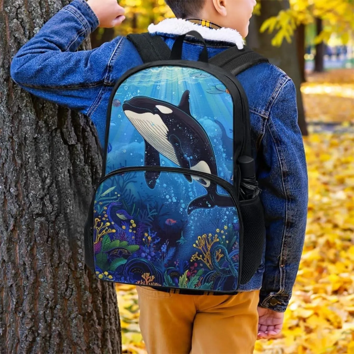 Boys 17 Inch Large School Bag Killer Whale Backpack for Kids Soft Lightweight Student Bookbag with Elastic Side Pocket Comfy Padded Back Zipper Daypack