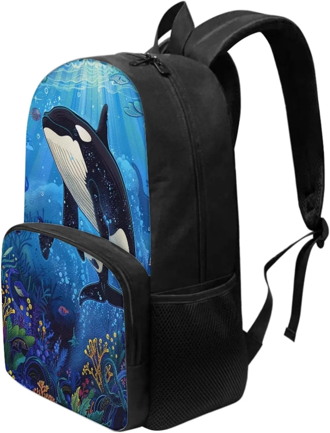 Boys 17 Inch Large School Bag Killer Whale Backpack for Kids Soft Lightweight Student Bookbag with Elastic Side Pocket Comfy Padded Back Zipper Daypack