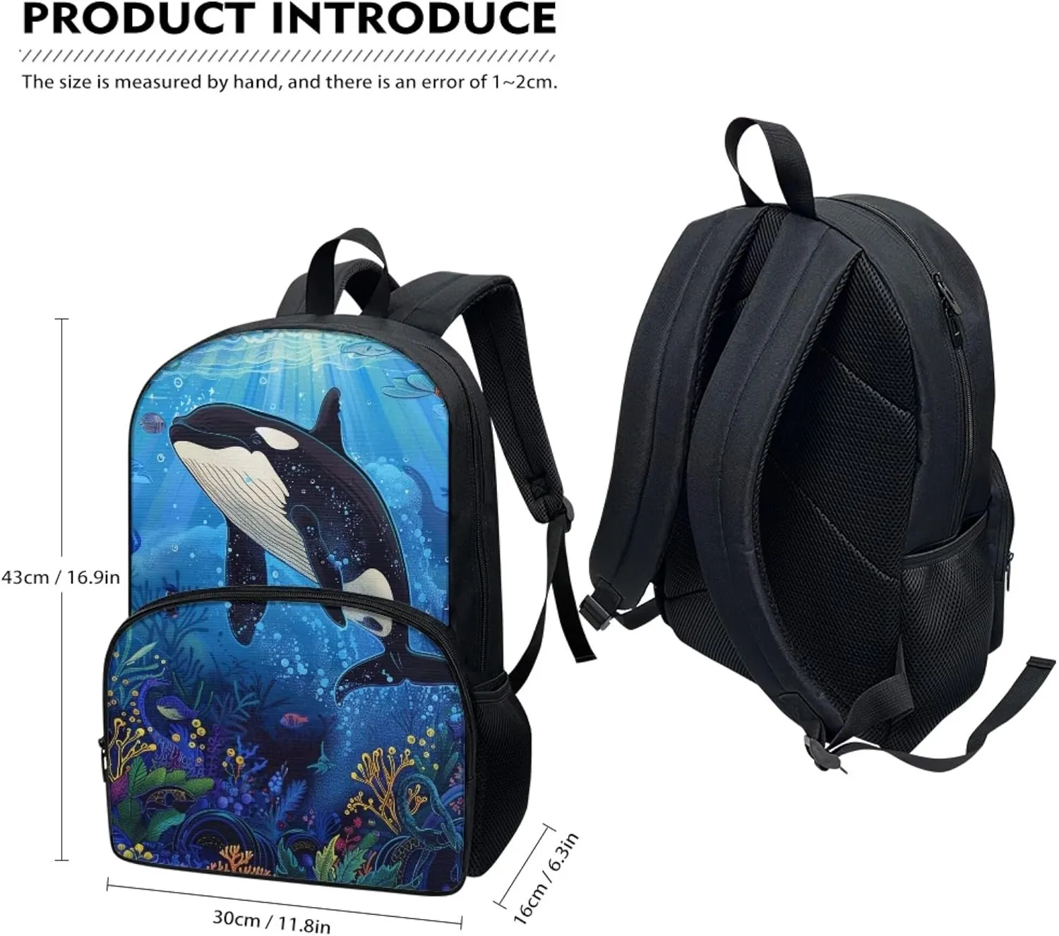 Boys 17 Inch Large School Bag Killer Whale Backpack for Kids Soft Lightweight Student Bookbag with Elastic Side Pocket Comfy Padded Back Zipper Daypack