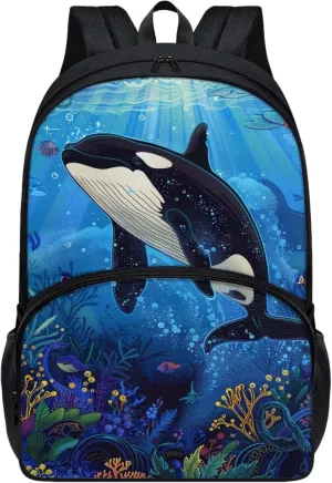 Boys 17 Inch Large School Bag Killer Whale Backpack for Kids Soft Lightweight Student Bookbag with Elastic Side Pocket Comfy Padded Back Zipper Daypack