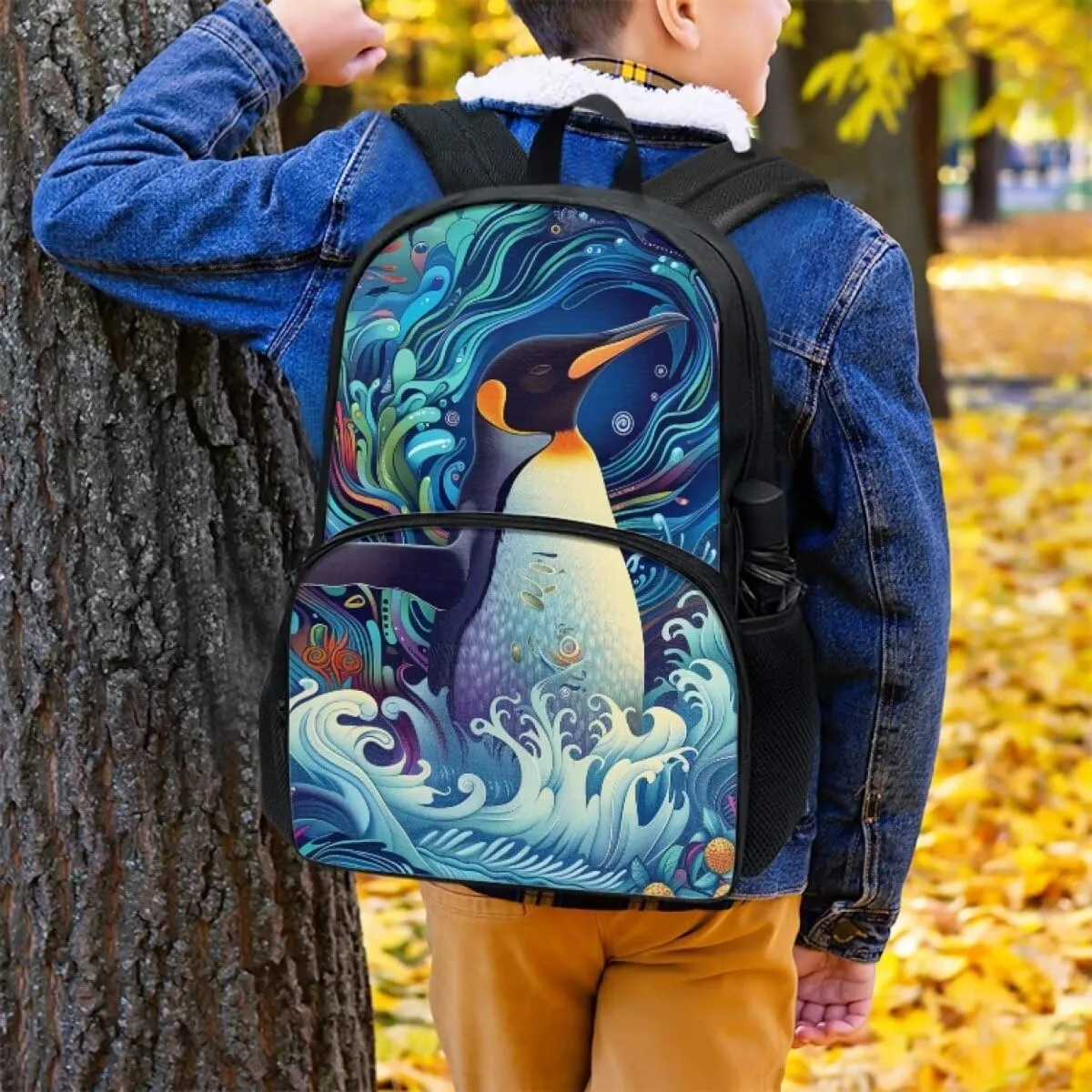 Boys 17 Inch Large School Bag Penguin Backpack for Kids Soft Lightweight Student Bookbag with Elastic Side Pocket Comfy Padded Back Zipper Daypack