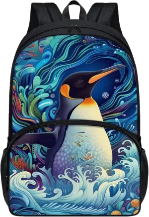 Boys 17 Inch Large School Bag Penguin Backpack for Kids Soft Lightweight Student Bookbag with Elastic Side Pocket Comfy Padded Back Zipper Daypack