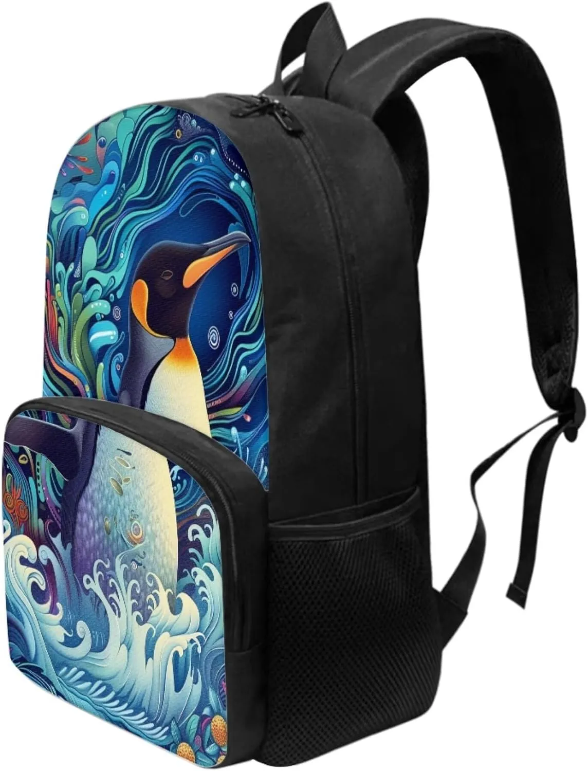 Boys 17 Inch Large School Bag Penguin Backpack for Kids Soft Lightweight Student Bookbag with Elastic Side Pocket Comfy Padded Back Zipper Daypack