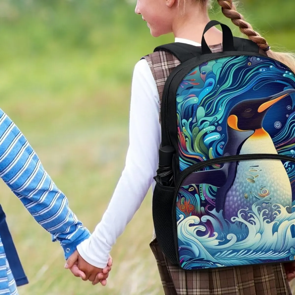 Boys 17 Inch Large School Bag Penguin Backpack for Kids Soft Lightweight Student Bookbag with Elastic Side Pocket Comfy Padded Back Zipper Daypack