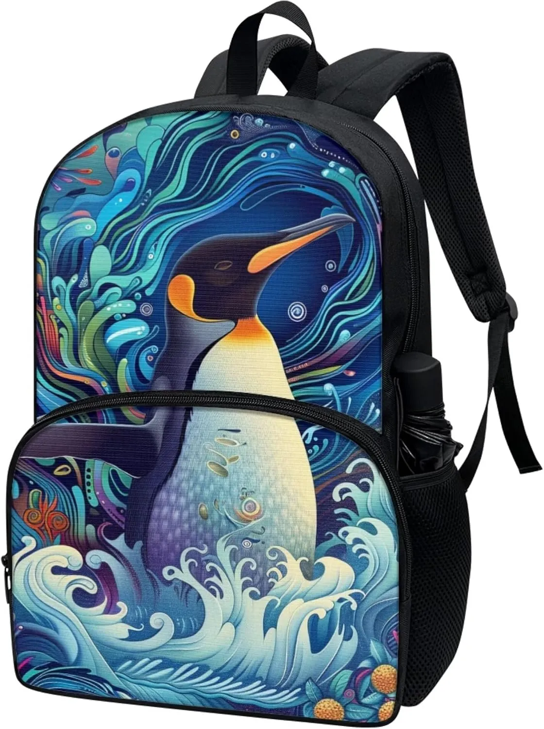 Boys 17 Inch Large School Bag Penguin Backpack for Kids Soft Lightweight Student Bookbag with Elastic Side Pocket Comfy Padded Back Zipper Daypack