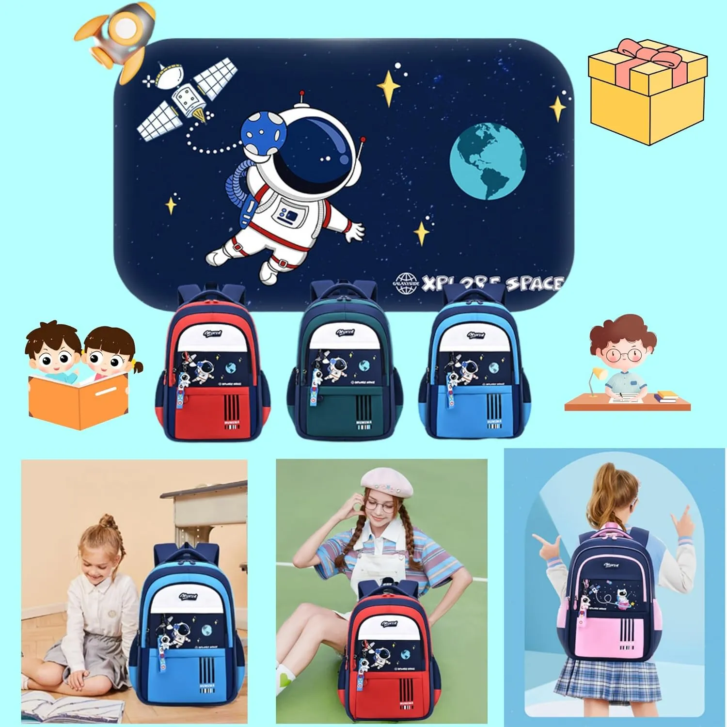 Boys Backpack Astronaut Sports Kids Backpack Space Schoolbag for Girls&Boys Elementary Student Bookbag