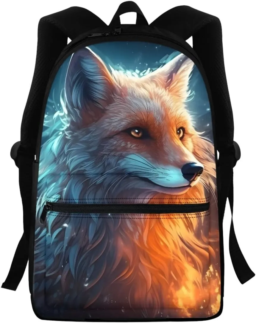 Boys Cool Wolf Fox Print BackpackYouth Child Teen Book Bags Daypack Handbag for Preschool Elementary Middle School,Blue Yellow Fox