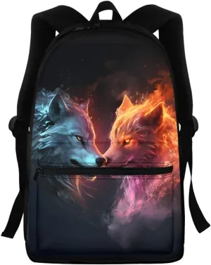 Boys Cool Wolf Fox Print BackpackYouth Child Teen Book Bags Daypack Handbag for Preschool Elementary Middle School,Blue Yellow Wolf