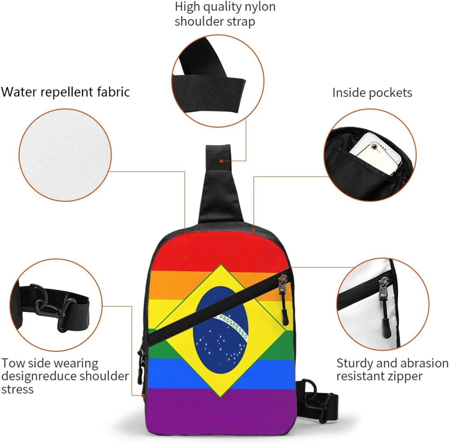 Brazil Gay Pride Rainbow Flag Portable Crossbody Bag Foldable Sling Bags Sports Gym Chest Daypack Reusable Shoulder Backpack Casual Diagonally Rucksack Fanny Packs