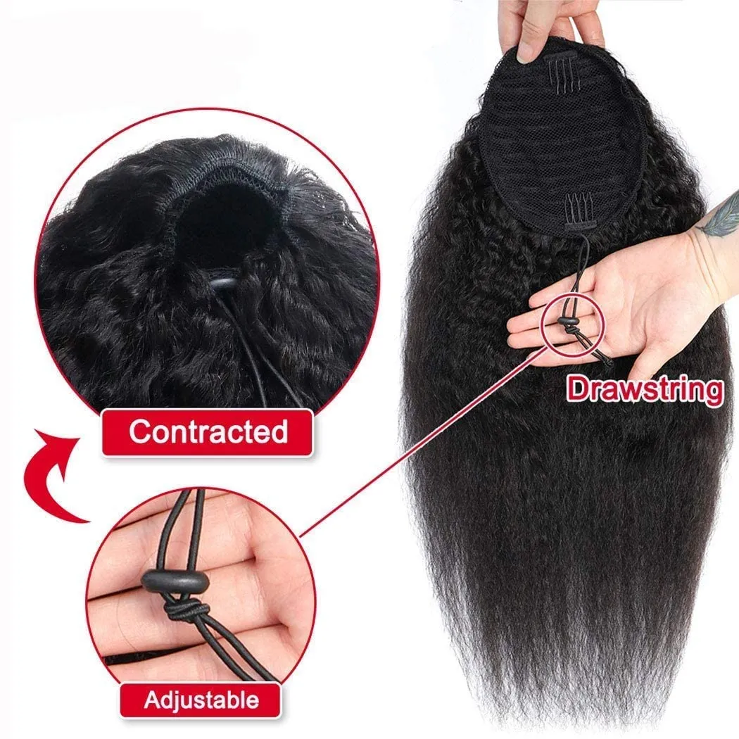 Brazilian Virgin Human Hair Extension - Kinky Straight Drawstring Ponytail (14 Inches, 105g) - Natural Black Afro Yaki Hair for Black Women