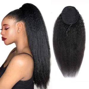 Brazilian Virgin Human Hair Extension - Kinky Straight Drawstring Ponytail (14 Inches, 105g) - Natural Black Afro Yaki Hair for Black Women