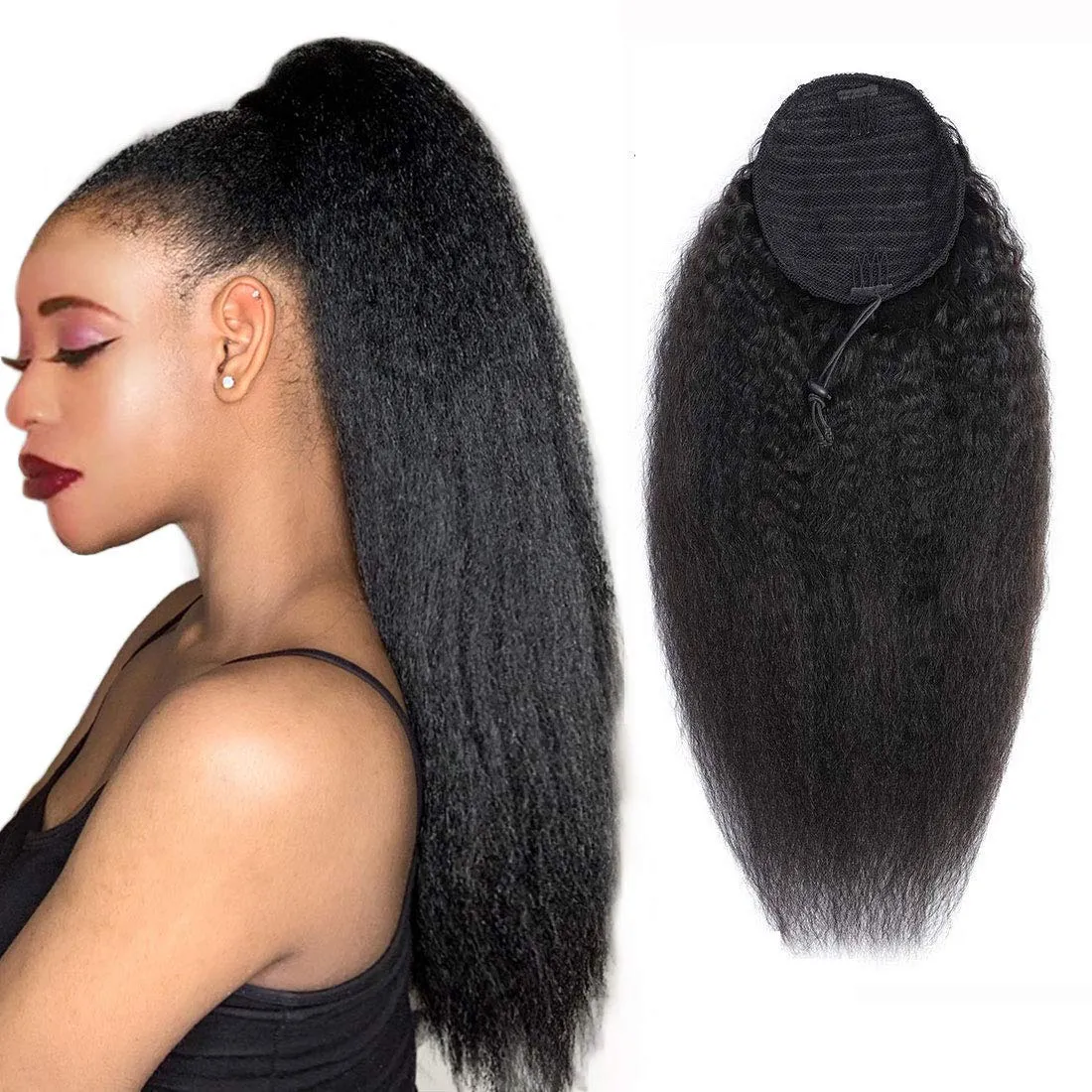 Brazilian Virgin Human Hair Extension - Kinky Straight Drawstring Ponytail (14 Inches, 105g) - Natural Black Afro Yaki Hair for Black Women