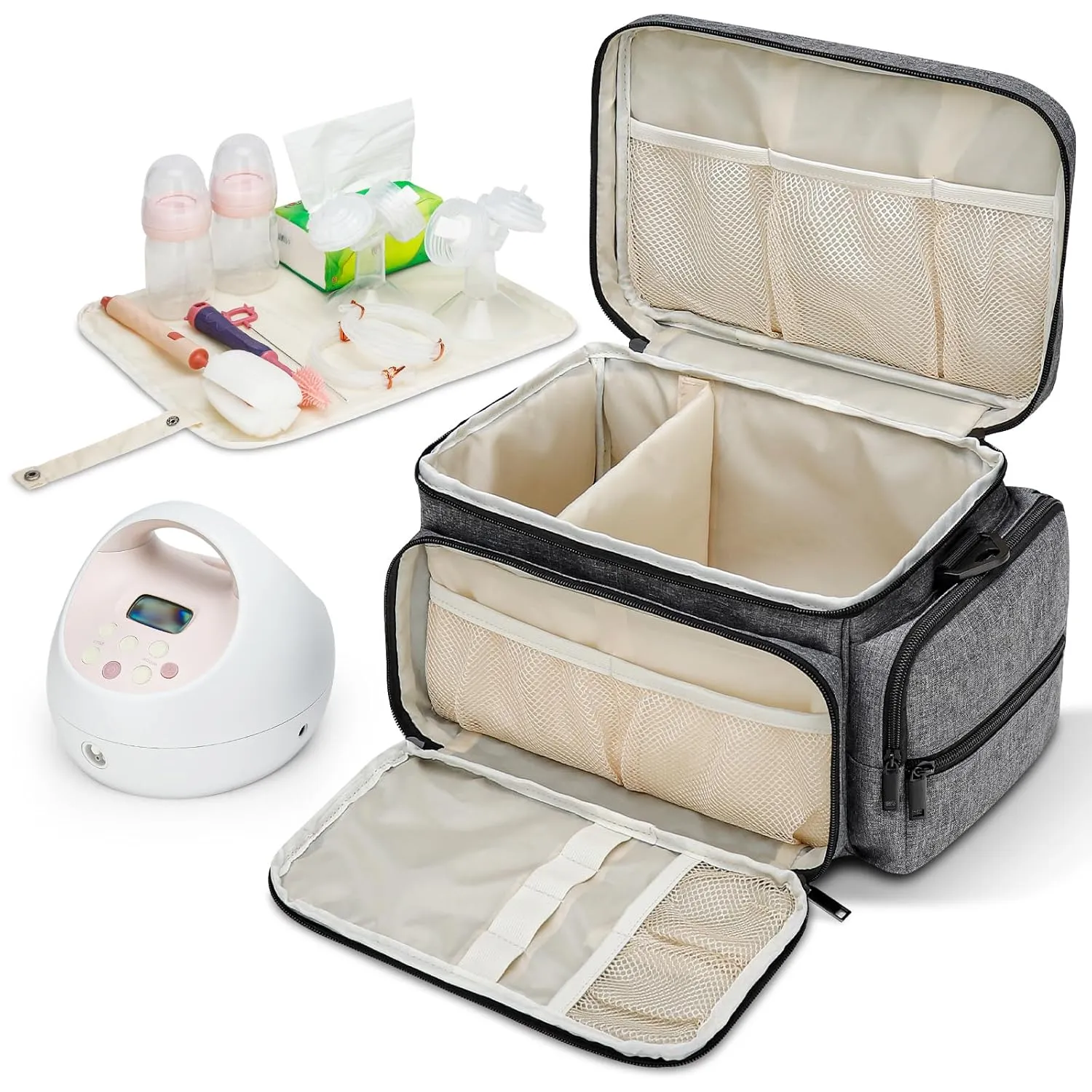 Breast Pump Bag Fit for Spectra S1 and S2, Pumping Bag with Waterproof Mat for Pump Accessories, Portable Pump Carrying Case for Work, Travel and Family Use, Grey