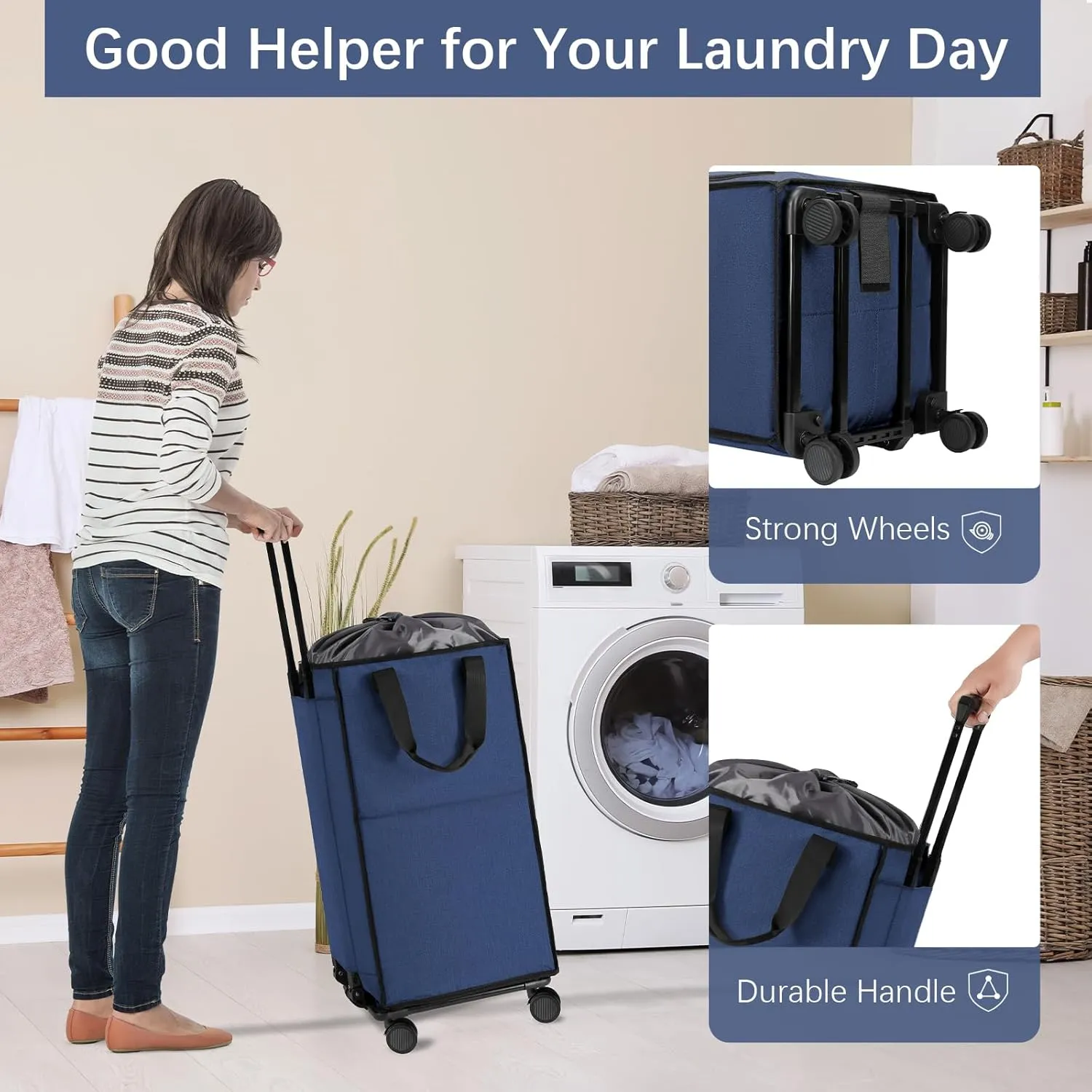 Bukere Extra Large Rolling Laundry Basket with Wheels, 90L Freestanding Collapsible Laundry Hamper Bag for Clothes Storage, Removable Wheeled Cart for College Dorm Apartment Laundry Room Bathroom