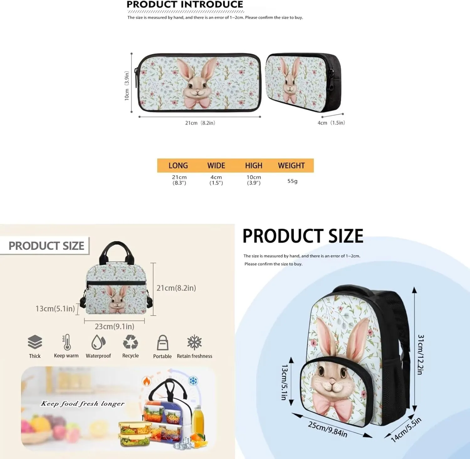 Bunny Book Bag for Girls Kids School Backpack with Lunch Bag Pencil Pouch 3Pcs School Bag with Lunch Bag Pencil Case Kids Backpack Boys Elementary School