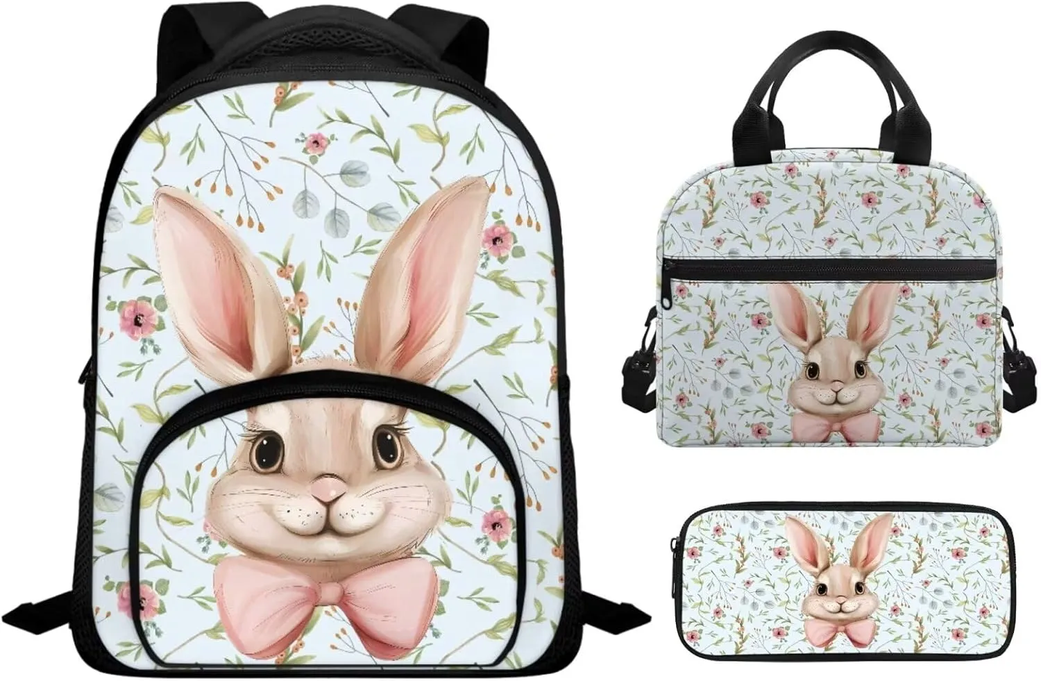 Bunny Book Bag for Girls Kids School Backpack with Lunch Bag Pencil Pouch 3Pcs School Bag with Lunch Bag Pencil Case Kids Backpack Boys Elementary School