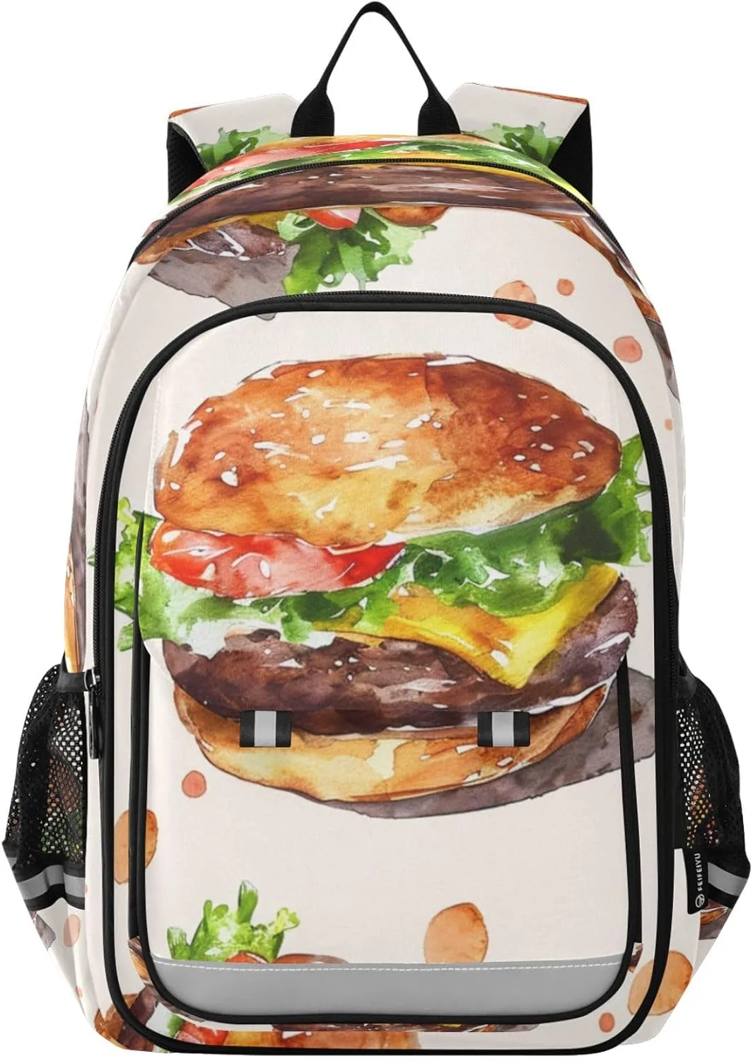 Burgers Watercolor Backpack for Women Men Travel Laptop Daypack Shoulder Bag Book Bag Daypack with Reflective Strip 12.9” × 17.7”