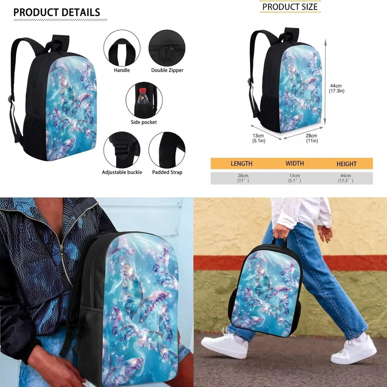 Butterfly Small Backpack Kids Girls Backpack and Lunch Box Set Kids Lunch Box with Water Bottle Holder Kids Travel Backpack Pencil Case Big Cute MultiPurpose Kids Backpack Boys