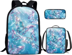 Butterfly Small Backpack Kids Girls Backpack and Lunch Box Set Kids Lunch Box with Water Bottle Holder Kids Travel Backpack Pencil Case Big Cute MultiPurpose Kids Backpack Boys