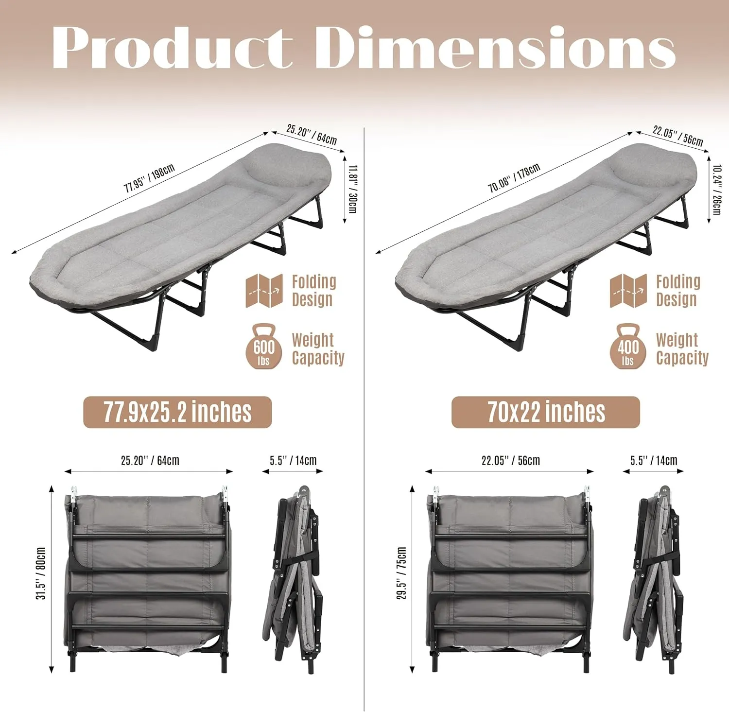 Camping Cots with Mattress, Portable Sleeping Folding Bed for Adults with Padded for Camping Tent Office Outdoor Travel Sleep Over (L)