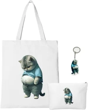 Canvas Tote Bag 3PCS Women’s 3D Cat Print Tote Bags Makeup Bag Keychain Set Cute Cat Graphic Reusable Grocery Shopping Bags,Funny Cloth Pouch for Travel,Gym
