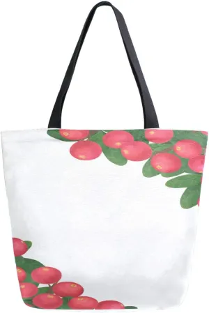 Canvas Tote Bag Berries Cranberry Branch Leaves Woman Beach Bag Watercolor Botanical Shoulder Bag School Had Bag Large Reusable Handbag Lightweight for Shopping Grocery Travel Holiday Gift