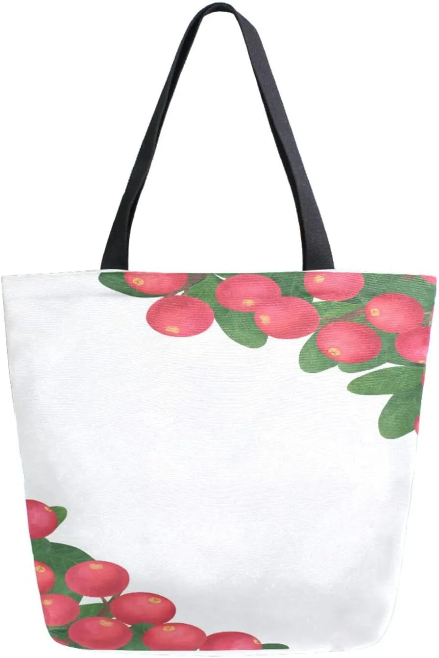 Canvas Tote Bag Berries Cranberry Branch Leaves Woman Beach Bag Watercolor Botanical Shoulder Bag School Had Bag Large Reusable Handbag Lightweight for Shopping Grocery Travel Holiday Gift
