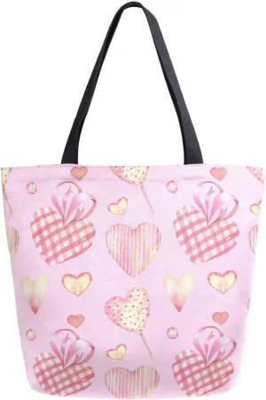 Canvas Tote Bag Cute Hearts Plaid Woman Beach Bag Pink Crown Garlands Shoulder Bag School Had Bag Large Reusable Handbag Lightweight for Shopping Grocery Travel Holiday Gift