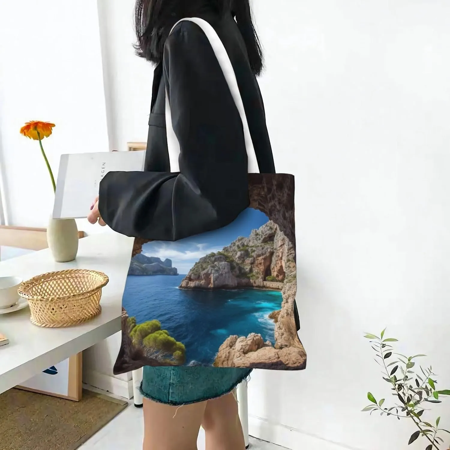 Canvas Tote Bag For Women Reusable Shopping Bag Casual Arch In Mallorca Spain Shoulder Bag Handbag For Travel