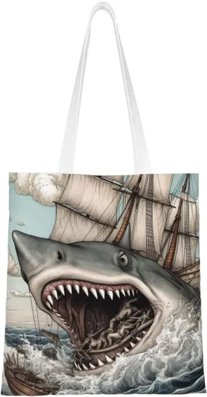Canvas Tote Bag for Women Shoulder Tote Purse Reusable Grocery Bag Cartoon Fish Eating Ship Sea Aesthetic Shopping Bags