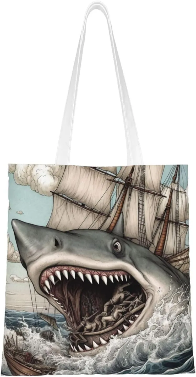 Canvas Tote Bag for Women Shoulder Tote Purse Reusable Grocery Bag Cartoon Fish Eating Ship Sea Aesthetic Shopping Bags