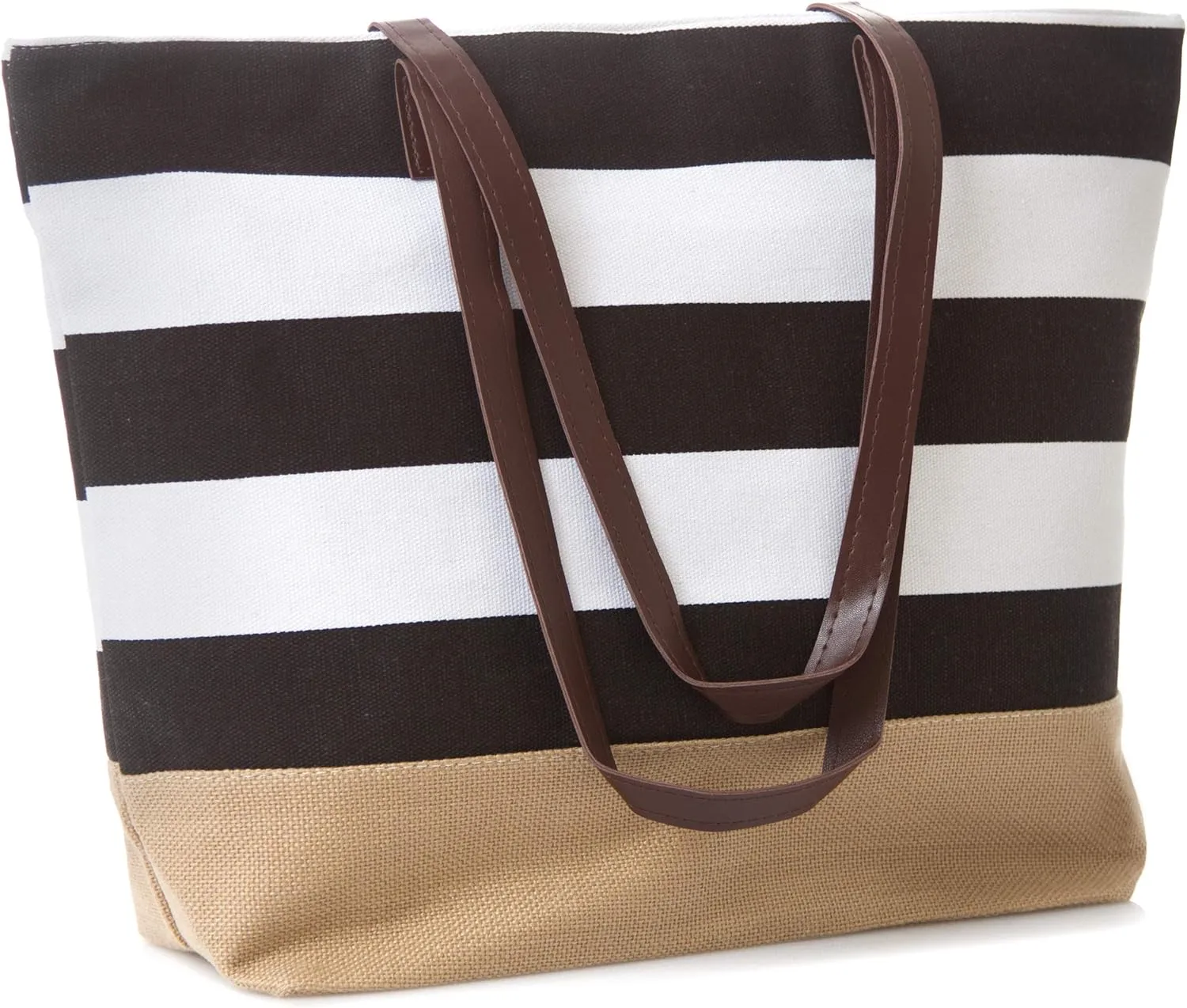 Canvas Tote Bag, Travel Tote Bag, Water Resistant Beach Bag (L20"xH15"xW6", Burlap Bottom Leather Handle Stripe Black)