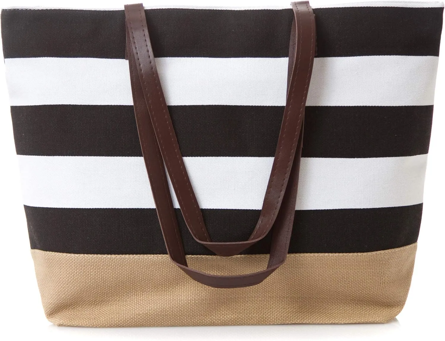 Canvas Tote Bag, Travel Tote Bag, Water Resistant Beach Bag (L20"xH15"xW6", Burlap Bottom Leather Handle Stripe Black)