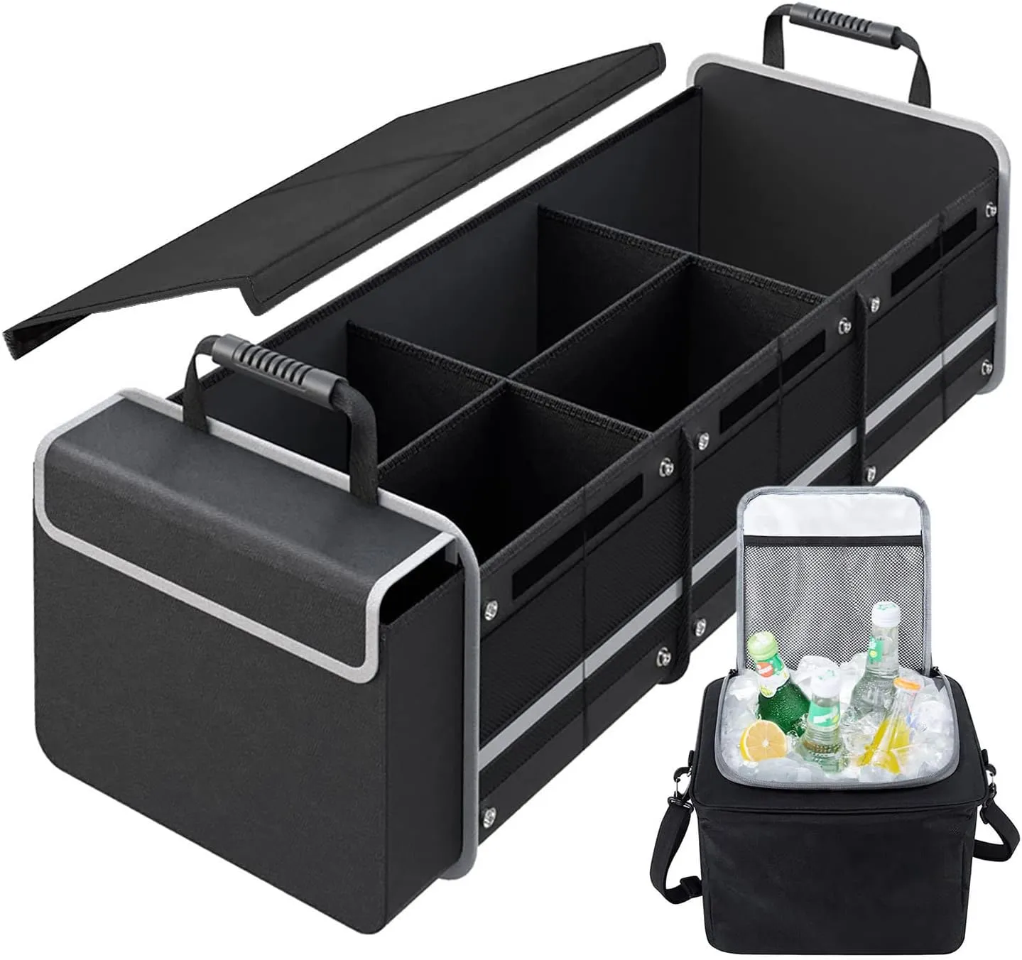 Car Trunk Organizer, 115L Storage Organizer with Insulated Leakproof Cooler Bag, 4 in 1 Waterproof Portable Cargo Organizer with Cover, 3 Large Compartments, Trunk Organizer for Car, SUV, Truck