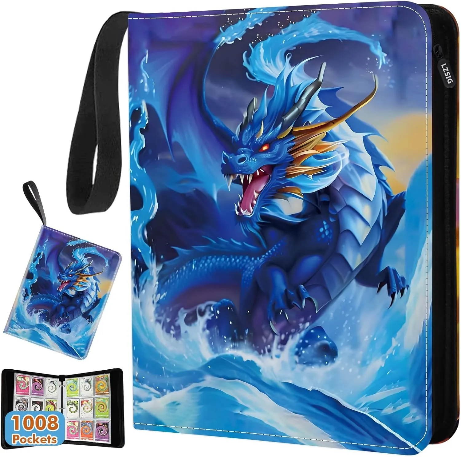 Card Binder 9-Pockets, 1008 Cards Holder with 56 Removable Sleeves, 3-Ring Zipper Sports Book Compatible with TCG, MTG and Game Cards, Trading Card Collector Album