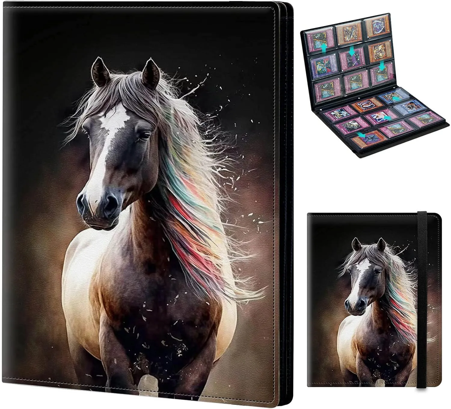 Card Binder for Mtg Yugioh TCG Baseball Sports trading Cards Holder Binder Book 9-Pocket Sleeve Side Load 720 Cards Collection Binder Album With Elastic Band-Horse with Colorful Mane