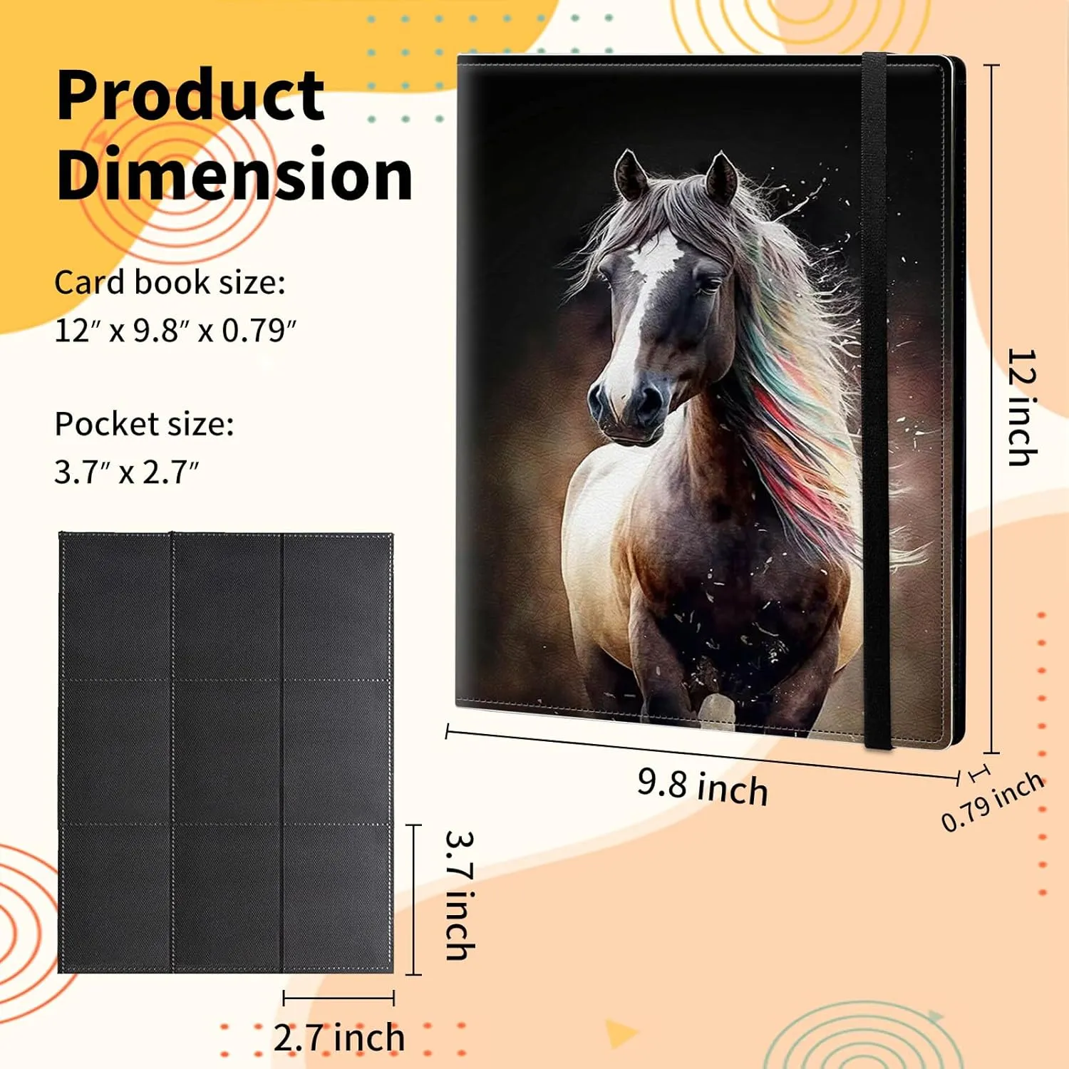Card Binder for Mtg Yugioh TCG Baseball Sports trading Cards Holder Binder Book 9-Pocket Sleeve Side Load 720 Cards Collection Binder Album With Elastic Band-Horse with Colorful Mane