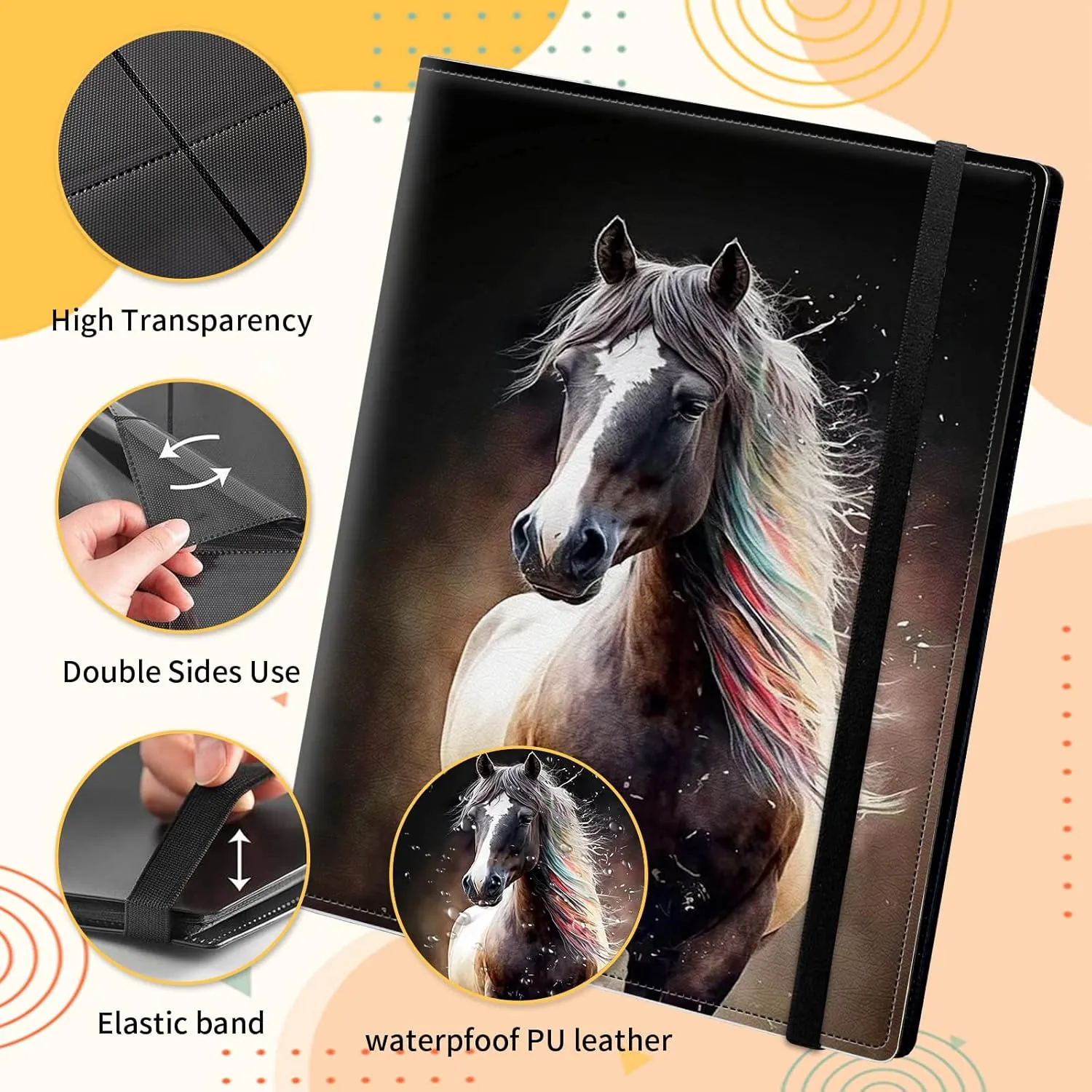 Card Binder for Mtg Yugioh TCG Baseball Sports trading Cards Holder Binder Book 9-Pocket Sleeve Side Load 720 Cards Collection Binder Album With Elastic Band-Horse with Colorful Mane
