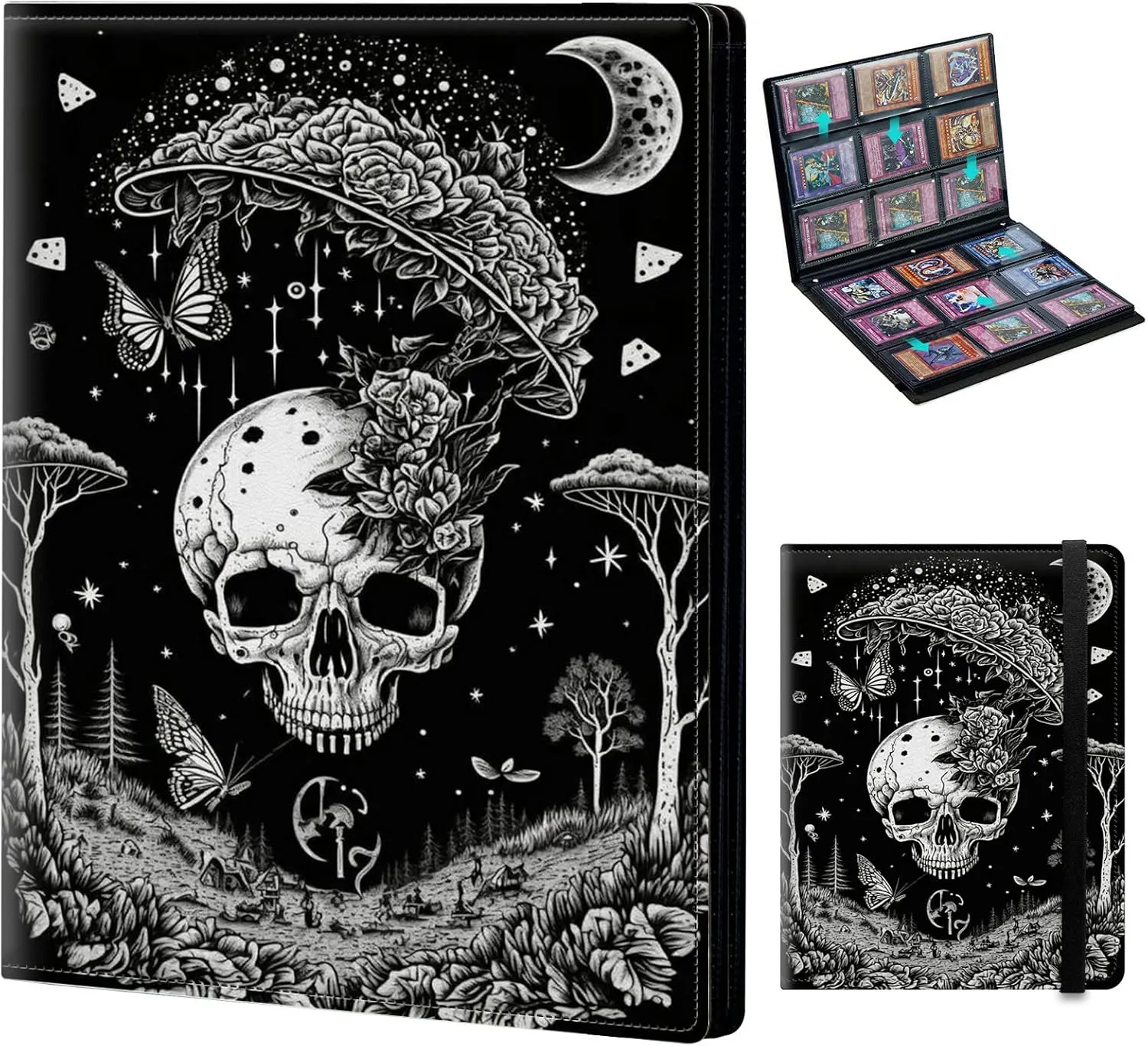 Card Binder for Mtg Yugioh TCG Baseball Sports trading Cards Holder Binder Book 9-Pocket Sleeve Side Load 900 Cards Collection Binder Album With Elastic Band-Goth Skull Black White Art