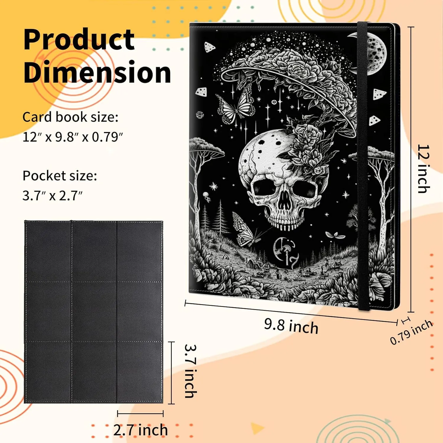 Card Binder for Mtg Yugioh TCG Baseball Sports trading Cards Holder Binder Book 9-Pocket Sleeve Side Load 900 Cards Collection Binder Album With Elastic Band-Goth Skull Black White Art