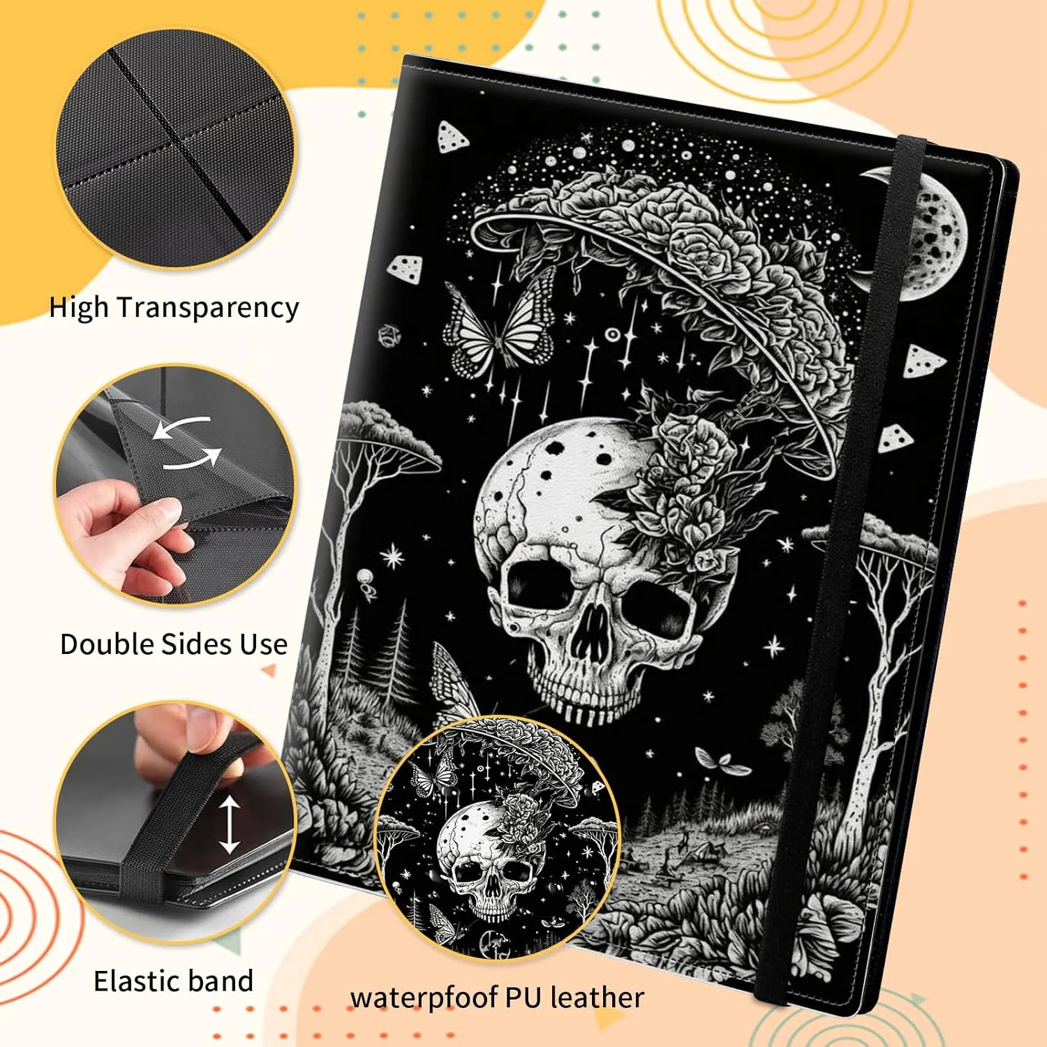 Card Binder for Mtg Yugioh TCG Baseball Sports trading Cards Holder Binder Book 9-Pocket Sleeve Side Load 900 Cards Collection Binder Album With Elastic Band-Goth Skull Black White Art