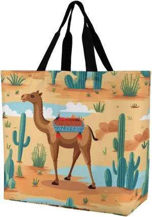Cartoon Cactus And Camels Shoulder Bag Large Capacity Shopping Bag Washable Grocery Bag Handbag for Women Men