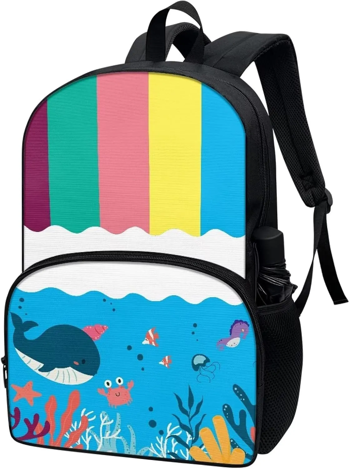Cartoon Crab Whale Backpacks for Boys Girls Durable Soft Padded Back Lightweight School Bookbag Kids Student Campus Travel Large Capacity 17 Inch Cute Backpack with Front Pocket