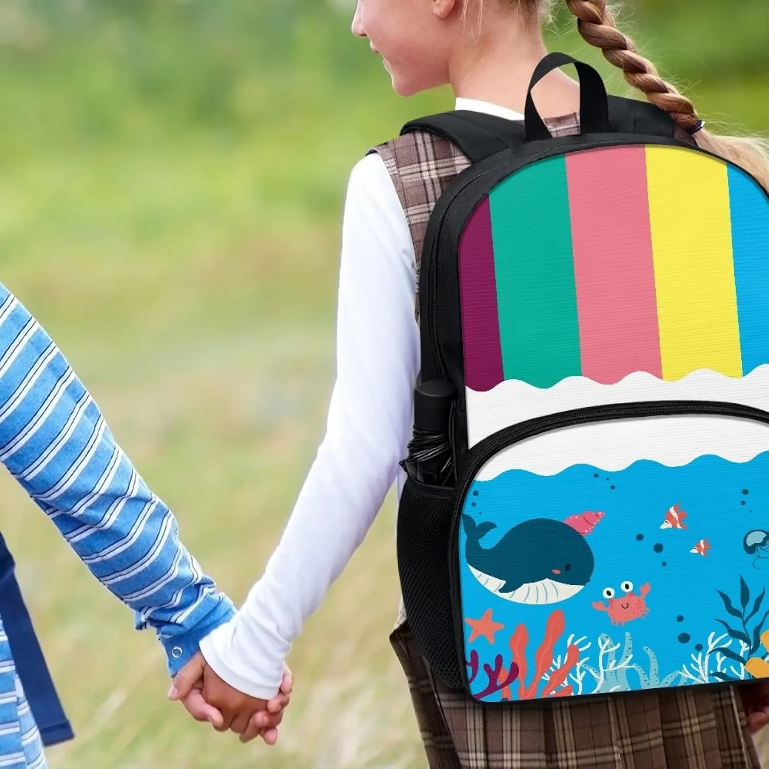 Cartoon Crab Whale Backpacks for Boys Girls Durable Soft Padded Back Lightweight School Bookbag Kids Student Campus Travel Large Capacity 17 Inch Cute Backpack with Front Pocket